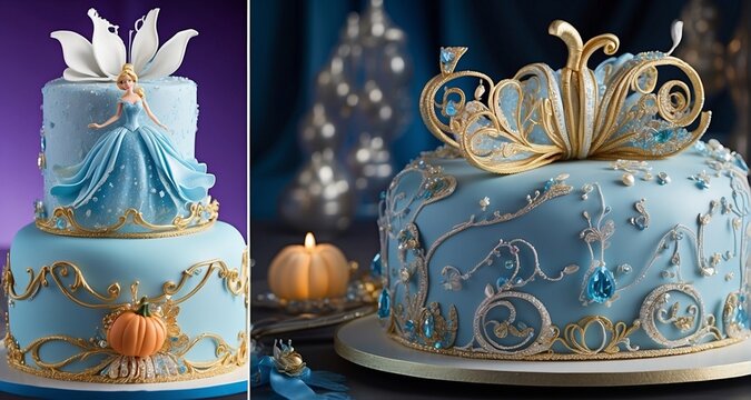 "Create visually stunning and ultra-realistic Cinderella-themed cake images that capture the enchantment of the fairy tale. Incorporate intricate details of Cinderella's iconic glass -AI Generative