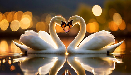 Obraz premium Romantic couple of white mute swans, face to face forming a heart with their necks and beaks. In a beautiful lake wit reflection. Relationship and love concept.