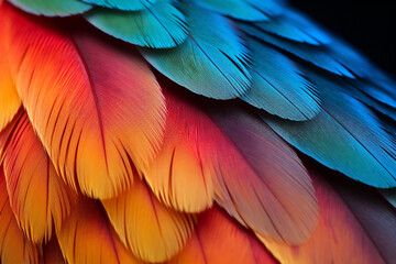 Obraz premium parrot feathers seen under a microscope with exaggerated contrast , soft shadow, volumetric lighting created with Generative Ai