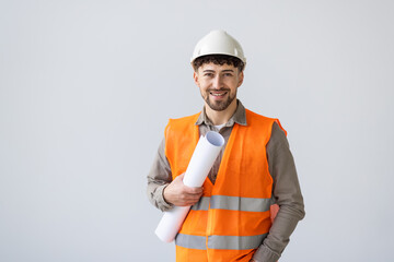 Portait of engineer with white hat blueprint on white background