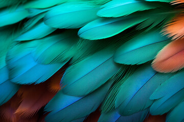 Obraz premium parrot feathers seen under a microscope with exaggerated contrast , soft shadow, volumetric lighting created with Generative Ai