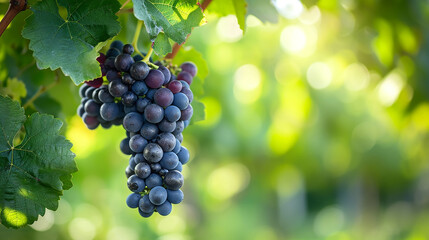 Naklejka premium Bunch of Black Wine grape over green natural vineyard garden background, Kyoho Grape with leaves in blur background. Made with generative ai