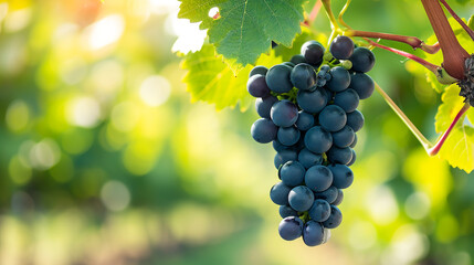 Fototapeta premium Bunch of Black Wine grape over green natural vineyard garden background, Kyoho Grape with leaves in blur background. Made with generative ai
