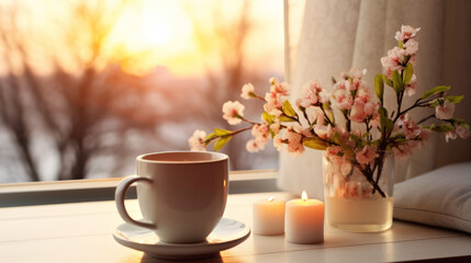 Cup of hot tea and spring home interior, good morning concept