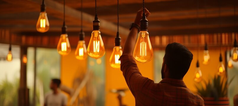Experienced handyman electrician expertly replacing led light bulb in modern ceiling lamp at home