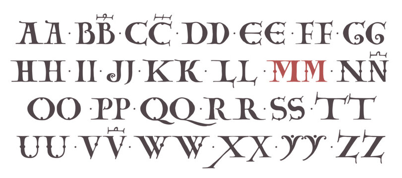 Carolingian Majuscule alphabet. Old Romanesque font from 13th century.  Square Capitals from medieval manuscript. Upper-case lettering, the base for Lombardic capitals. Elegant classic serif font.