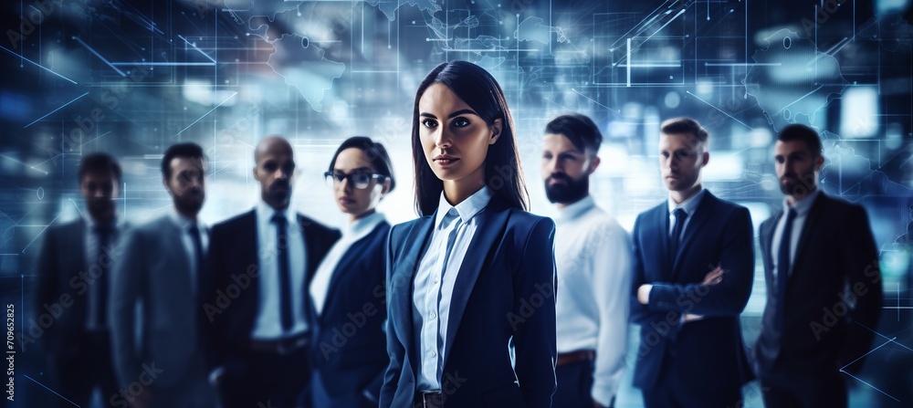Poster diverse professionals collaborating in office with blurred bokeh background of charts and graphs.