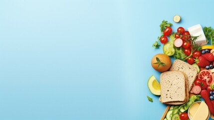Delicious School Lunch with Appetizing Sandwiches and Fresh Snacks on a Blue Background - Nutrition and Culinary Delight for Kids' Mealtime