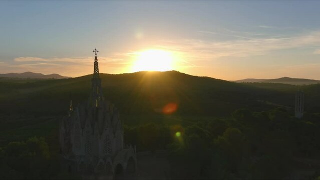 Mare de Deu de Montserrat at sunset. Modernist Hermitage in Montferri