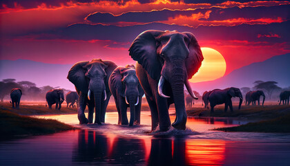 Fototapeta na wymiar On safari in Botswana, Namibia, Zimbabwe, or South Africa, you can may see a herd of African elephants at sunset.