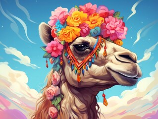 illustration of a colorful camel with a flower crown on its head. generative ai