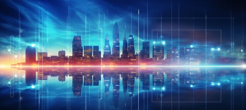 Glowing cityscape with neon lights, skyscrapers, and drones delivering financial services