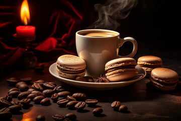 Coffee, macarons, epic, cinematic lighting, hyperrealistic photograph created with Generative Ai