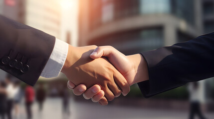 Businessmen making handshake with partner, greeting, dealing, merger and acquisition, business joint venture concept, for business, finance and investment background. Generative AI illustration