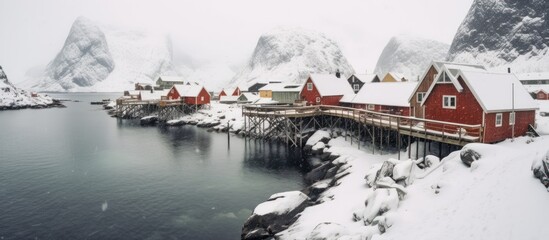 winter view of houses and riverside hills in norway