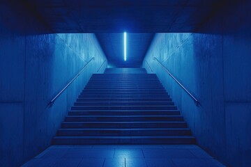bottom of a dark blue and neon blue staircase with a bright light at the top of the steps