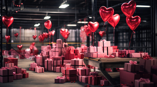 Large warehouse of Valentines Day gifts. Sale and delivery of goods