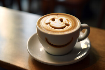 latte art, milk foam forms a smiley face, cinematic lighting, hyperrealistic photograph created with Generative Ai