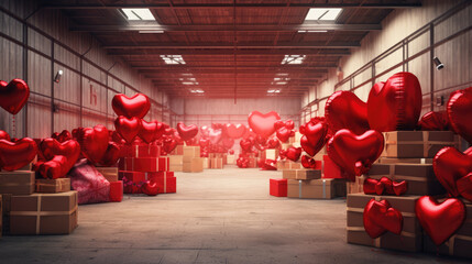 Large warehouse of Valentine's Day gifts. Sale and delivery of goods - obrazy, fototapety, plakaty