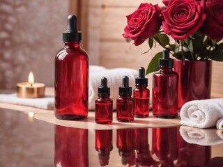 Obraz na płótnie Canvas red glass bottles on the background of the spa room. Skin care serum or natural cosmetics with essential oil, roses on the table