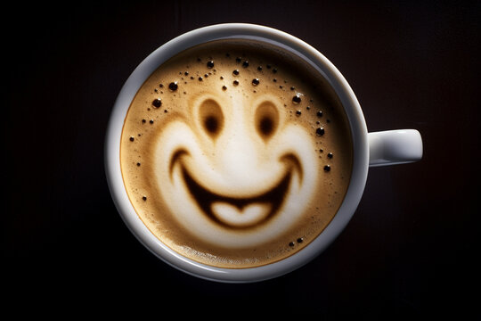 latte art, milk foam forms a smiley face, cinematic lighting, hyperrealistic photograph created with Generative Ai