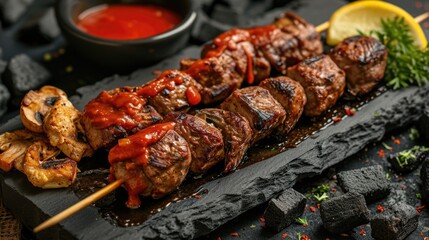 Homemade kebab with sauce and fried mushrooms on a cutting board with a background of charcoal for...