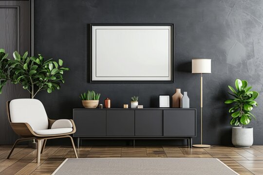 Modern living room interior with sideboard and art decoration, mockup frame