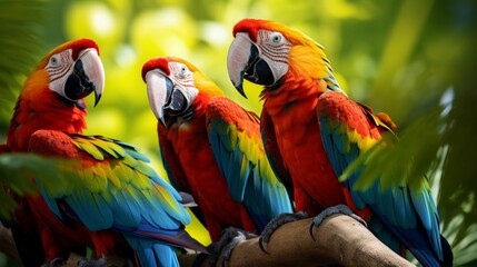 Fototapeta premium Group of colorful macaws engaged in vibrant midday chatter amid lush foliage
