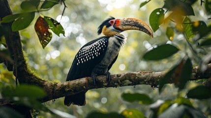 Obraz premium Crowned hornbill perched on a sturdy branch, surveying its lush kingdom below