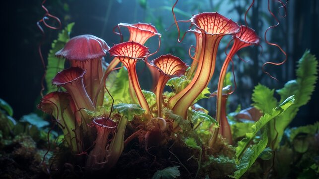 Carnivorous pitcher plants luring insects into their colorful, deadly traps