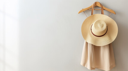 Women straw hat hang on background white wall with shadow.