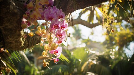Towering tropical tree with vibrant orchids