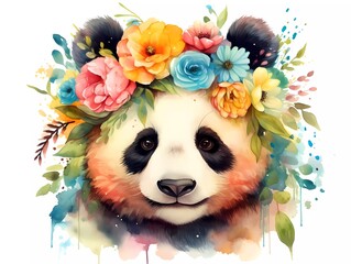 Fototapety  illustration of a colorful panda with a flower crown on its head. generative ai