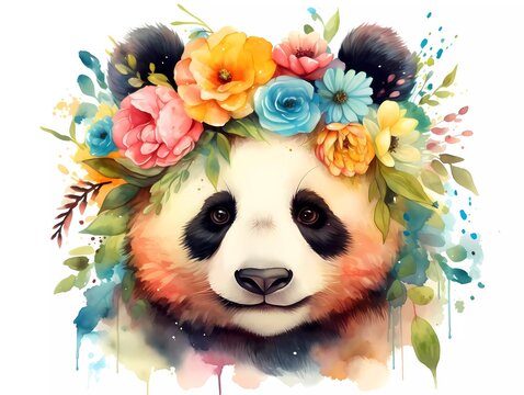 illustration of a colorful panda with a flower crown on its head. generative ai