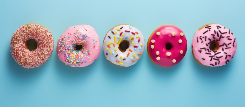 Colorful Sweet donuts with various toppings isolated on light blue background. Generate AI image