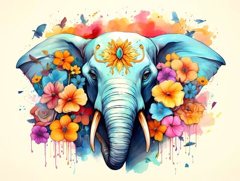 illustration of a colorful elephant with a flower crown on its head