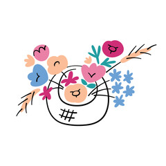 Basket with flowers, beautiful flower arrangement icon, vector illustration of Valentines Day present, wedding decoration, dried flowers composition, good for birthday greeting card, Mothers Day gift