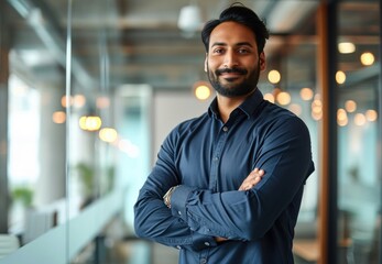 Happy Indian businessman professional leader standing arms crossed in office. Smiling male employee, business man company executive manager, confident eastern entrepreneur at work, Generative AI