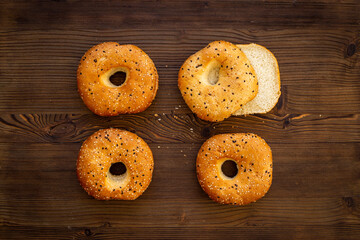 Set of fresh bread bagels, top view. Homemade baked bread