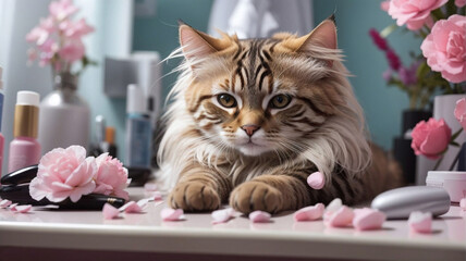 Cat spa salon, grooming and manicure. Cute tabby cat