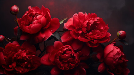 Gorgeous deep red peonies on a dark background. Floral background. Space for text or design.