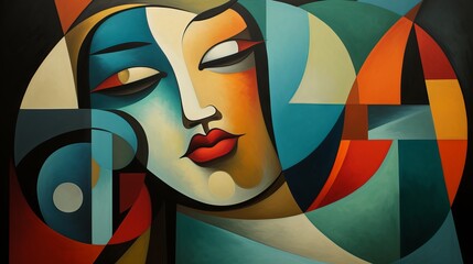 Cubism style portrait of a female face. Creative illustration of a woman's face. Stylish art of a closup face, cubism and darker green colors. Painting and decor.