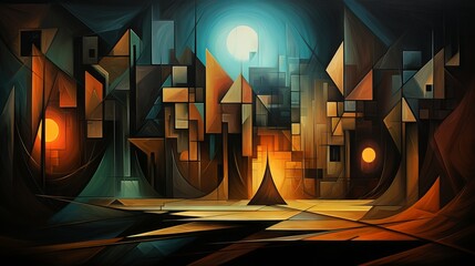Cubism fantasy art. Creative illustration of an unknown world. Stylish art in an abstract style, cubism, and darker green colors. Painting and house decor.