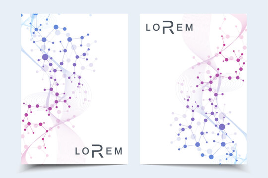 Scientific brochure design template. Vector flyer layout, Molecular structure with connected lines and dots. Scientific pattern atom DNA with elements for magazine, leaflet, cover, poster design