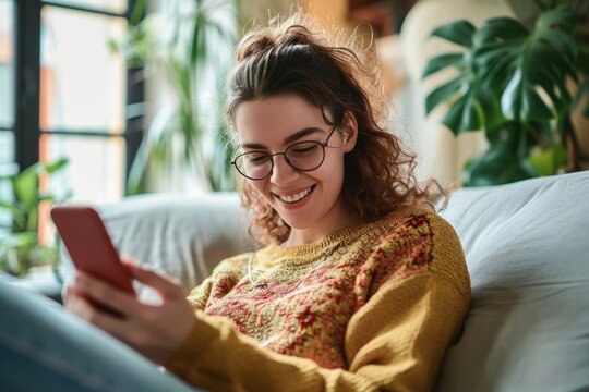 Smiling relaxed young woman sitting on couch using cell phone technology, happy lady holding smartphone, scrolling, looking at cellphone enjoying doing online ecommerce shopping in mobile,GenerativeAI