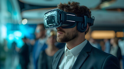 A business man wearing a VR glasses and smiling in company in front of some employees