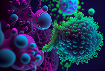 Many different bacteria in a blue environment, in the style of magenta and green, medicalcore, photorealistic. 