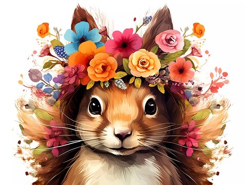 Illustration Of A Colorful Squirrel With A Flower Crown On Its Head. Generative Ai