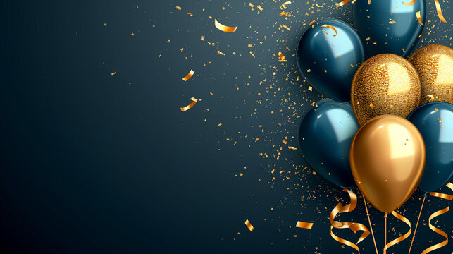 Gold and blue balloons on a dark background with gold ribbon and confetti, Generative AI