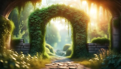 Green gateway covered with green wild plants and moss. Old gateway background. Generative AI